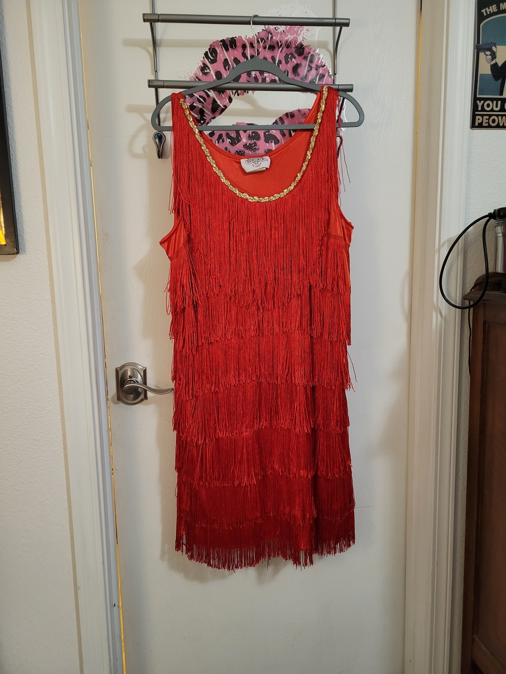 Red Fringe FLAPPER dress  Sleeveless Party Dress with Gold Chain Accent